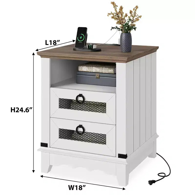 Table de chevet rustique 18" avec station de charge, 2 tiroirs, 2 ports USB et compartiment ouvert