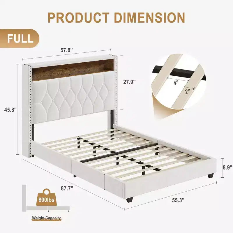 Cadre de lit plateforme en velours avec tête de lit de rangement LED, chargement USB, clous décoratifs, blanc cassé