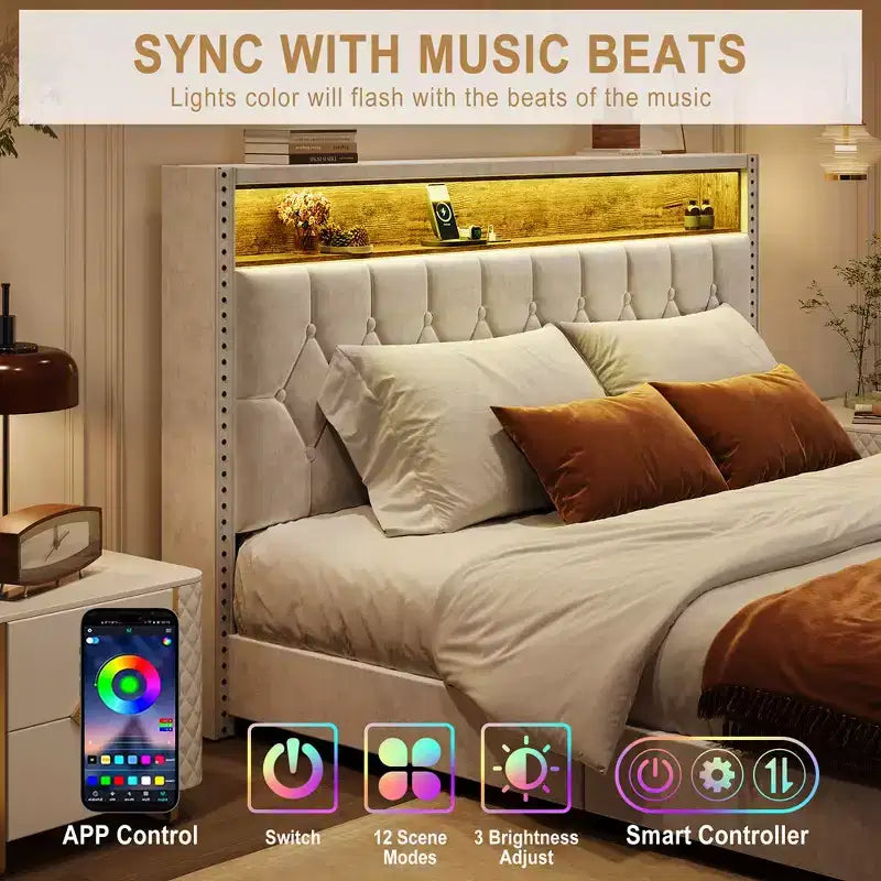 Cadre de lit plateforme en velours avec tête de lit de rangement LED, chargement USB, clous décoratifs, blanc cassé