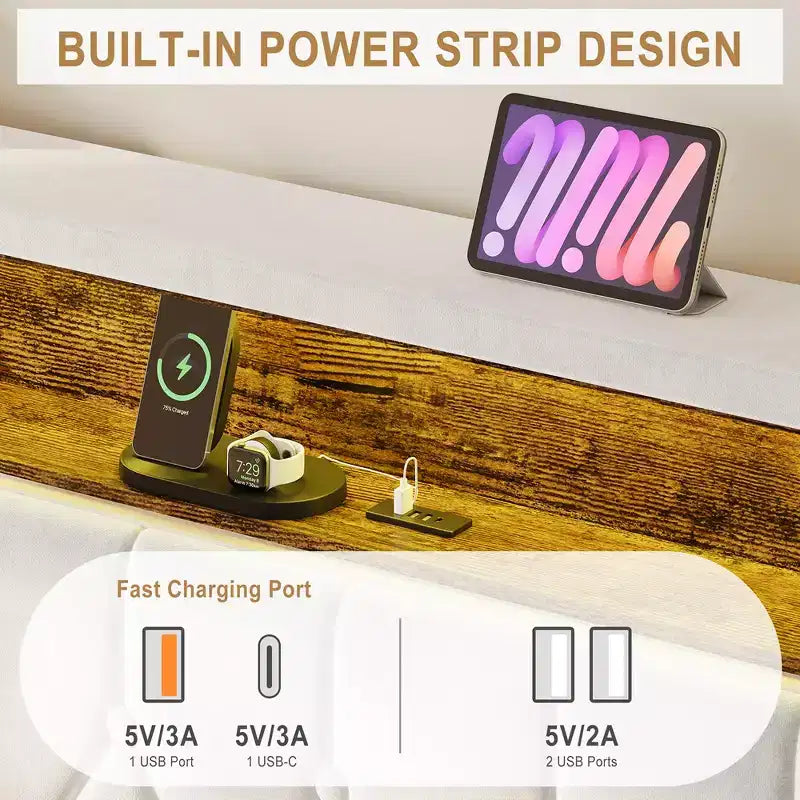 Velvet Platform Bed Frame with LED Storage Headboard, USB Charging, Nailhead Trim, Off White