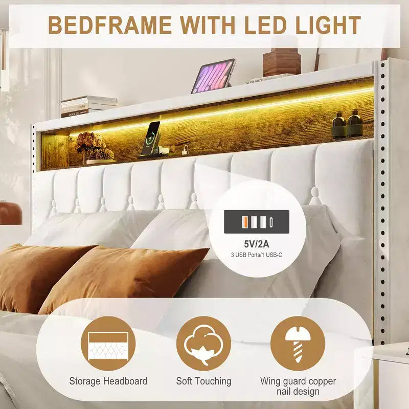 Cadre de lit plateforme en velours avec tête de lit de rangement LED, chargement USB, clous décoratifs, blanc cassé