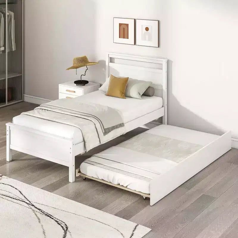 Lit plateforme double avec lit gigogne escamotable, tête de lit et pied de lit, gris/blanc