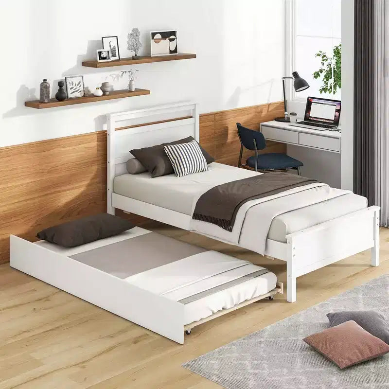 Lit plateforme double avec lit gigogne escamotable, tête de lit et pied de lit, gris/blanc