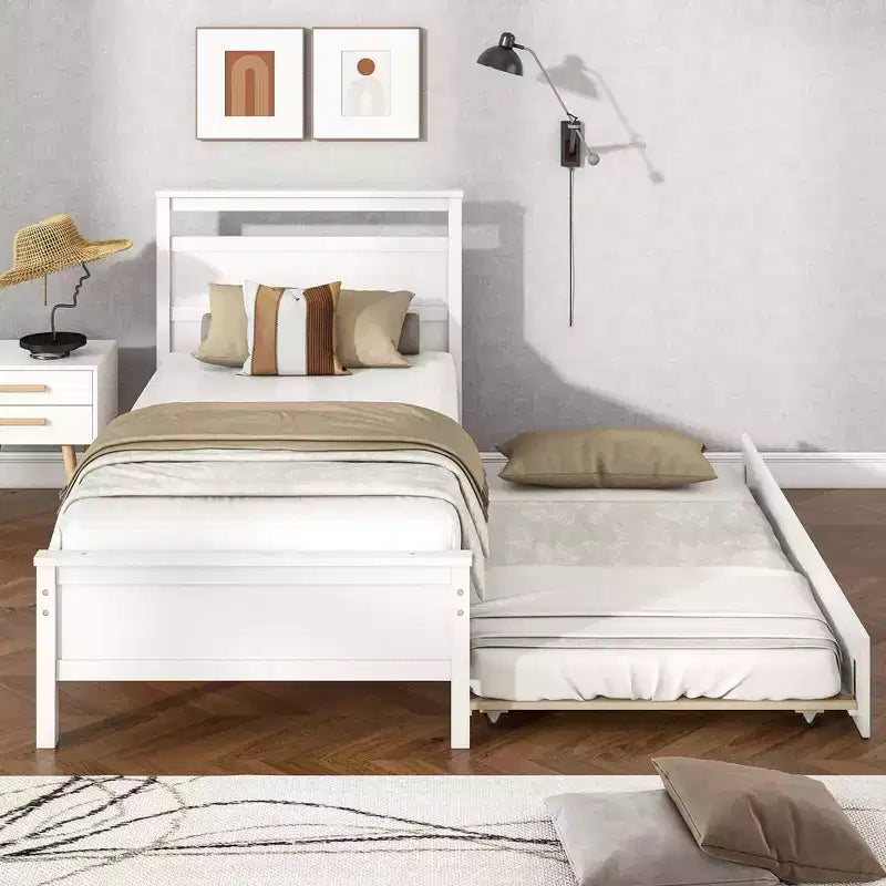 Lit plateforme double avec lit gigogne escamotable, tête de lit et pied de lit, gris/blanc