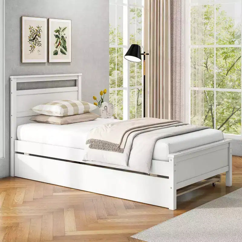Lit plateforme double avec lit gigogne escamotable, tête de lit et pied de lit, gris/blanc