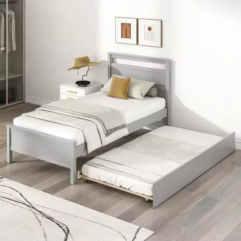 Twin Platform Bed with Pull-Out Trundle, Headboard & Footboard, Gray/White