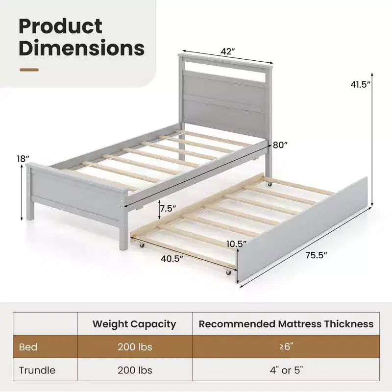 Lit plateforme double avec lit gigogne escamotable, tête de lit et pied de lit, gris/blanc