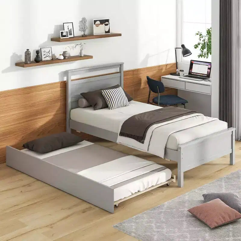 Twin Platform Bed with Pull-Out Trundle, Headboard & Footboard, Gray/White