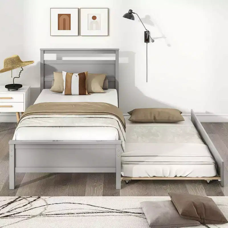 Lit plateforme double avec lit gigogne escamotable, tête de lit et pied de lit, gris/blanc