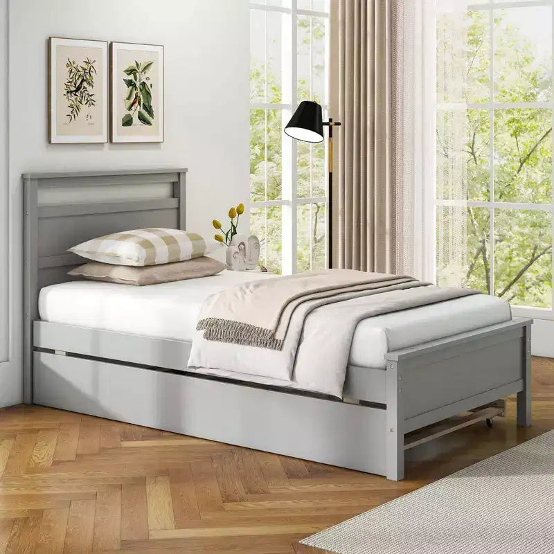 Twin Platform Bed with Pull-Out Trundle, Headboard & Footboard, Gray/White