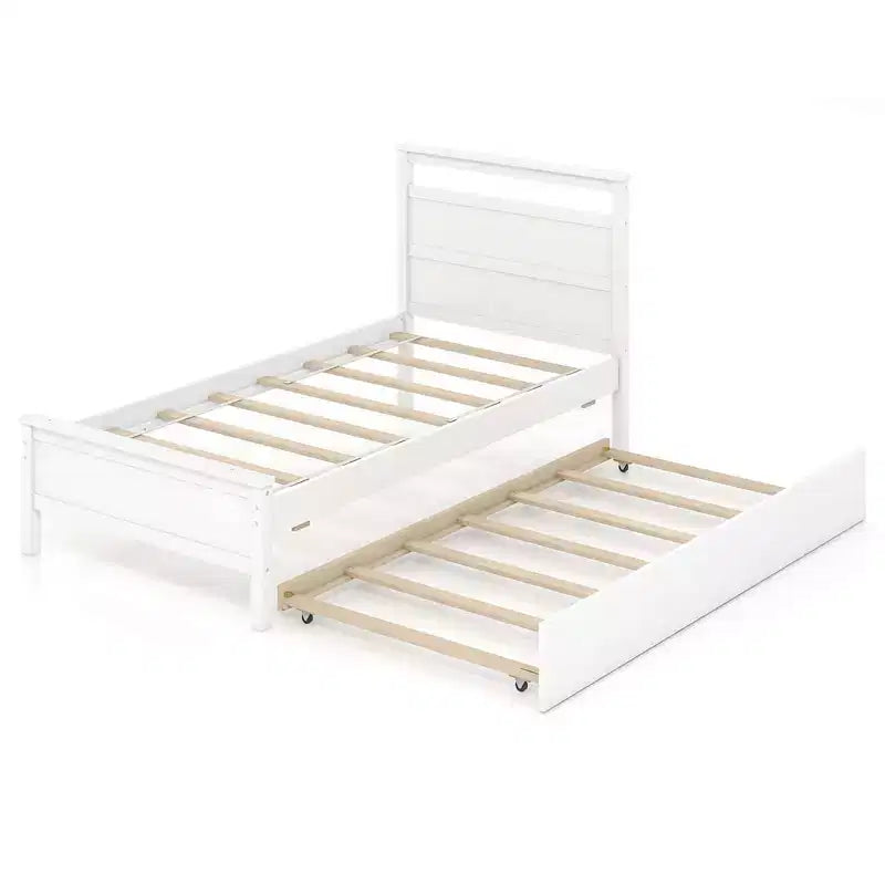 Twin Platform Bed with Pull-Out Trundle, Headboard & Footboard, Gray/White