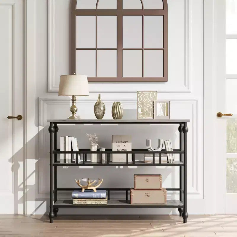 Console étroite industrielle à 3 niveaux de 43", table d'entrée/derrière canapé, gris rustique