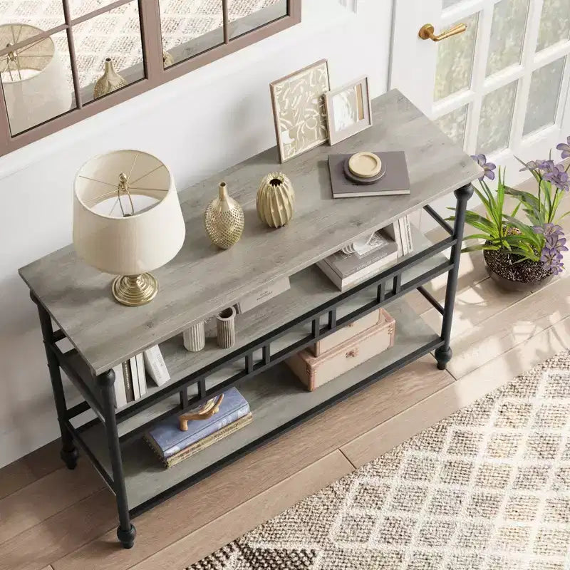 43" Industrial 3-Tier Narrow Console Table, Entryway Sofa Table, Rustic Gray