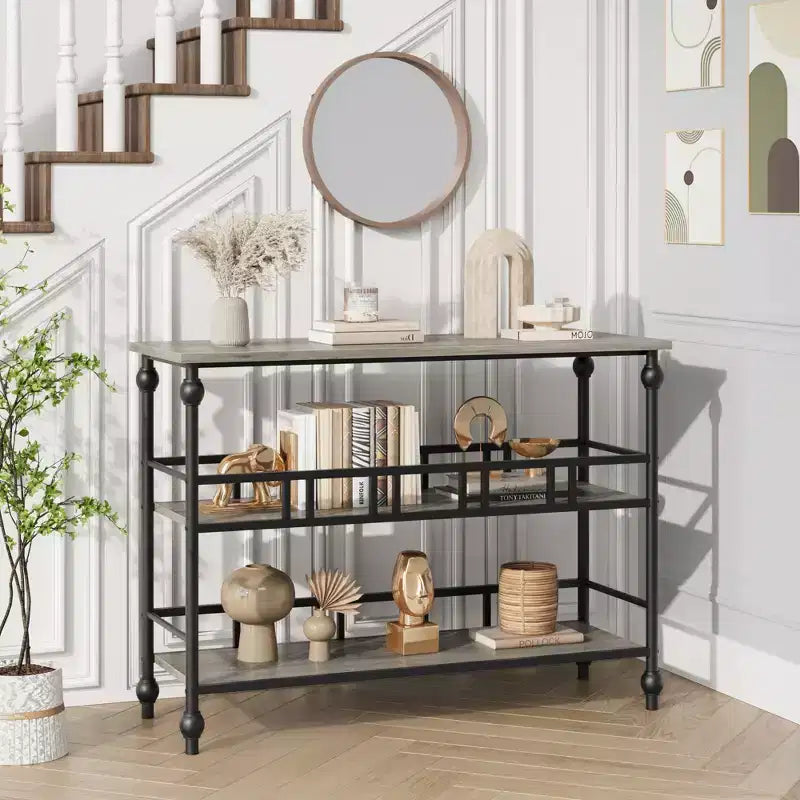 Console étroite industrielle à 3 niveaux de 43", table d'entrée/derrière canapé, gris rustique