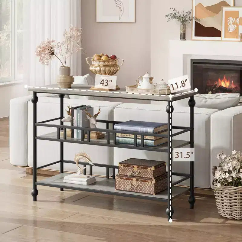 Console étroite industrielle à 3 niveaux de 43", table d'entrée/derrière canapé, gris rustique