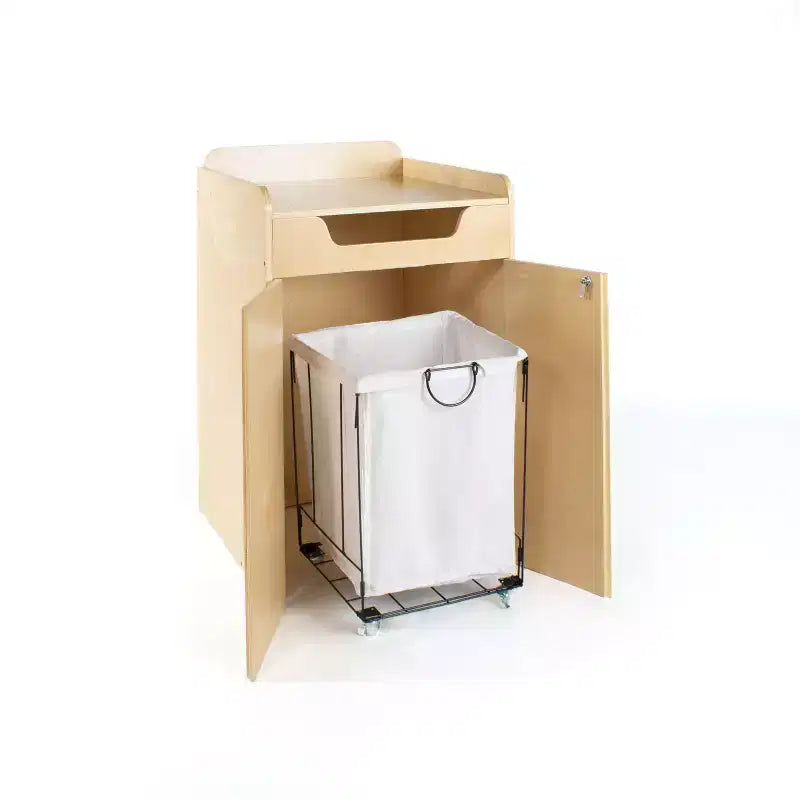 Kids Library Book Drop Cabinet with Locking Doors & Fabric Bin, Birch Plywood