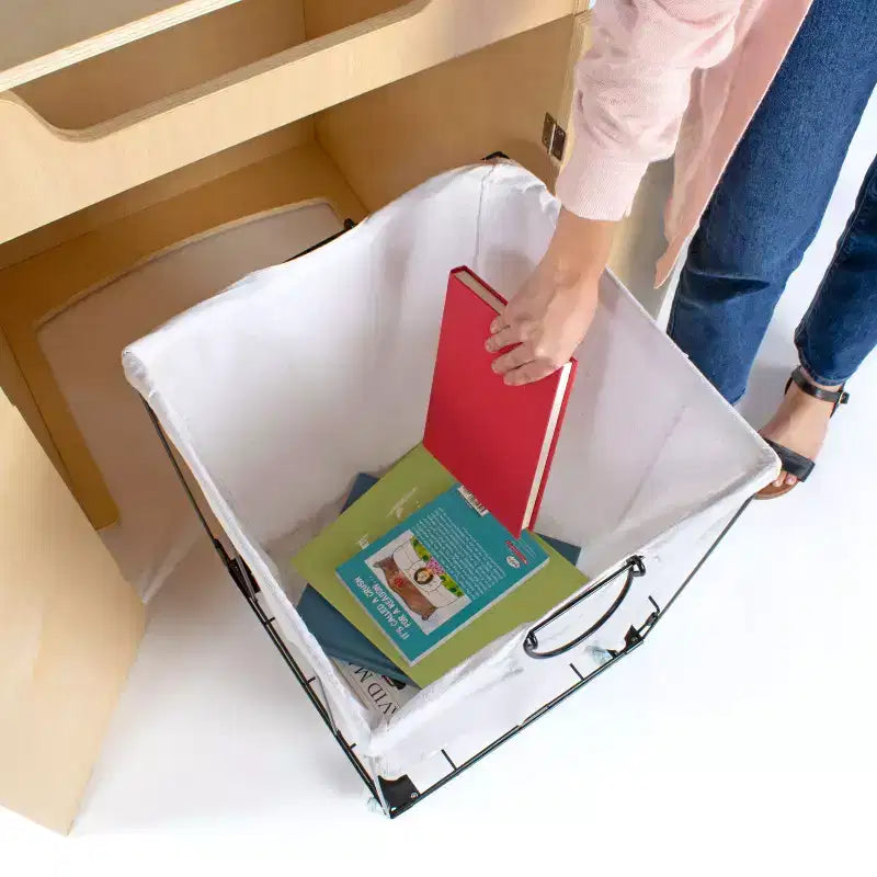 Meuble de retour de livres pour enfants avec portes verrouillables et bac en tissu, contreplaqué de bouleau
