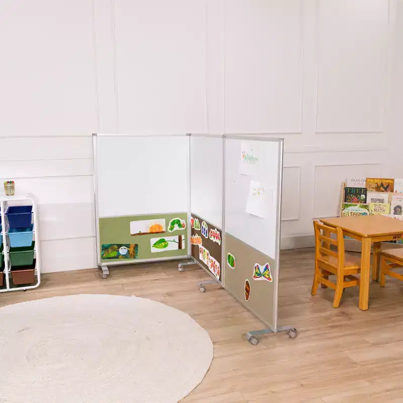 Séparateur de pièce mobile à 3 panneaux, tableau effaçable à sec et flanelle, avec roulettes verrouillables
