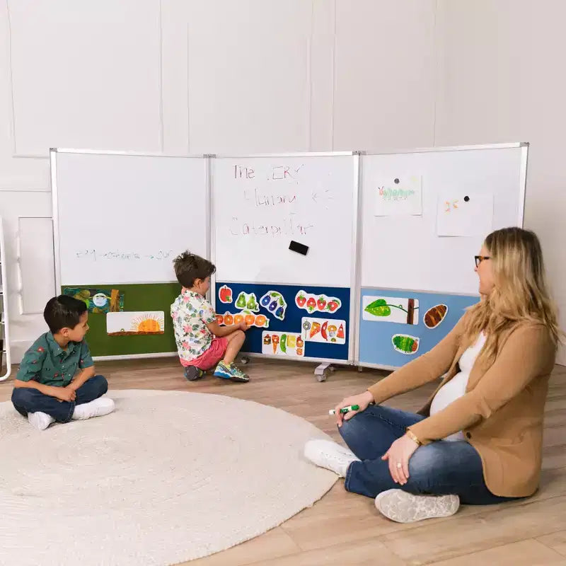 Séparateur de pièce mobile à 3 panneaux, tableau effaçable à sec et flanelle, avec roulettes verrouillables