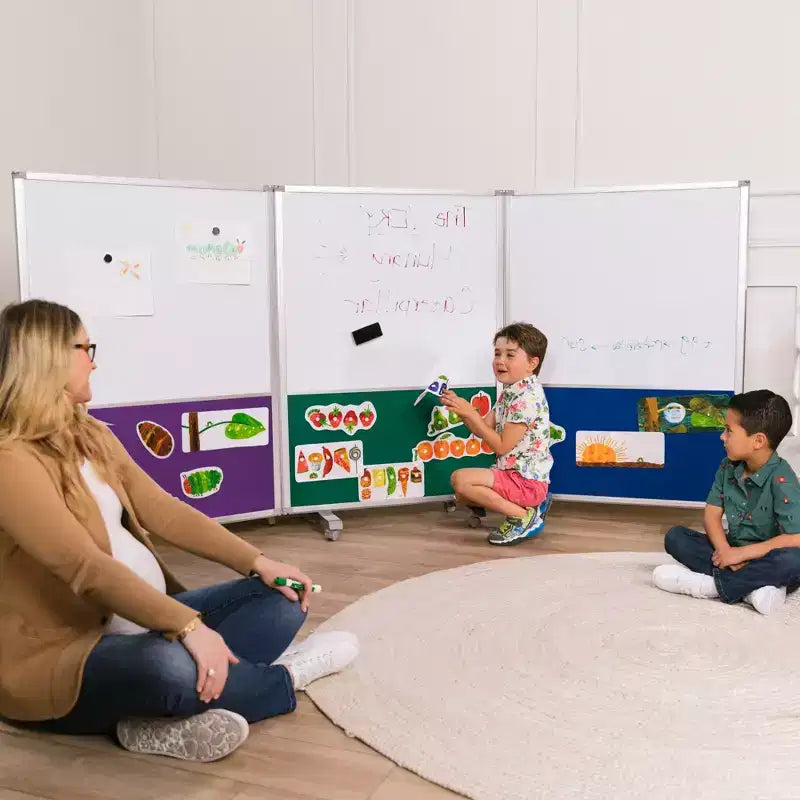 Séparateur de pièce mobile à 3 panneaux, tableau effaçable à sec et flanelle, avec roulettes verrouillables