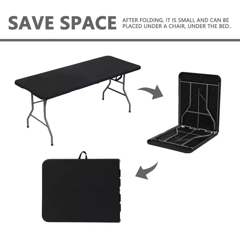6-Foot Rectangular Portable Folding Table, HDPE Plastic, Steel Legs, Seats 8, Black