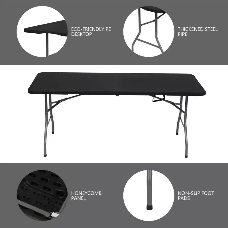 Table pliante rectangulaire portable de 1,83 m, plastique PEHD, pieds en acier, 8 places, noire