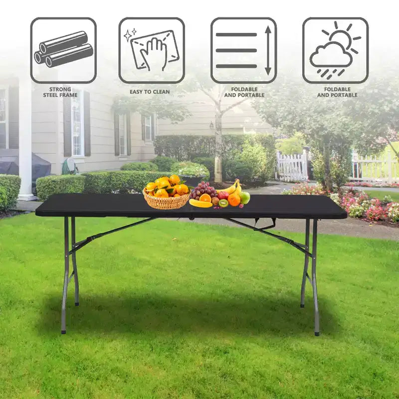 Table pliante rectangulaire portable de 1,83 m, plastique PEHD, pieds en acier, 8 places, noire