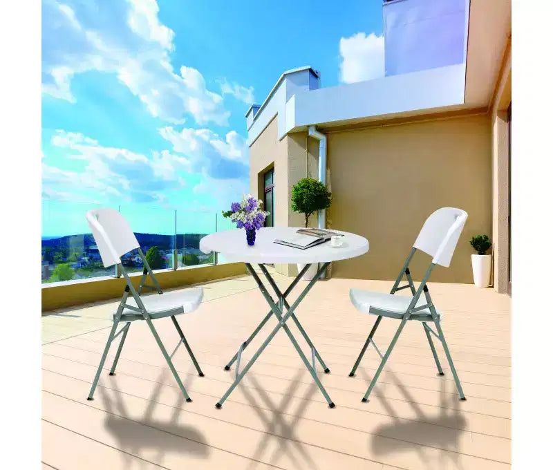 32" Round Portable Folding Table, HDPE Plastic, Steel Legs, Seats 4, White