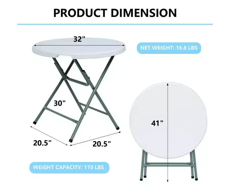 32" Round Portable Folding Table, HDPE Plastic, Steel Legs, Seats 4, White