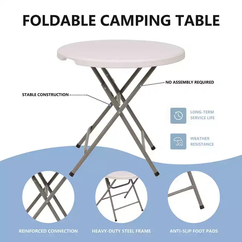 32" Round Portable Folding Table, HDPE Plastic, Steel Legs, Seats 4, White