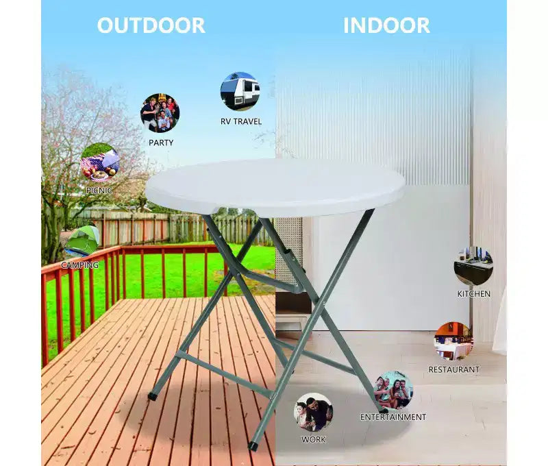 Table pliante ronde portable de 32 po, plastique HDPE, pieds en acier, 4 places, blanche