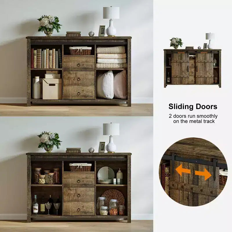 Buffet de rangement de cuisine à 3 tiroirs avec porte coulissante de style grange