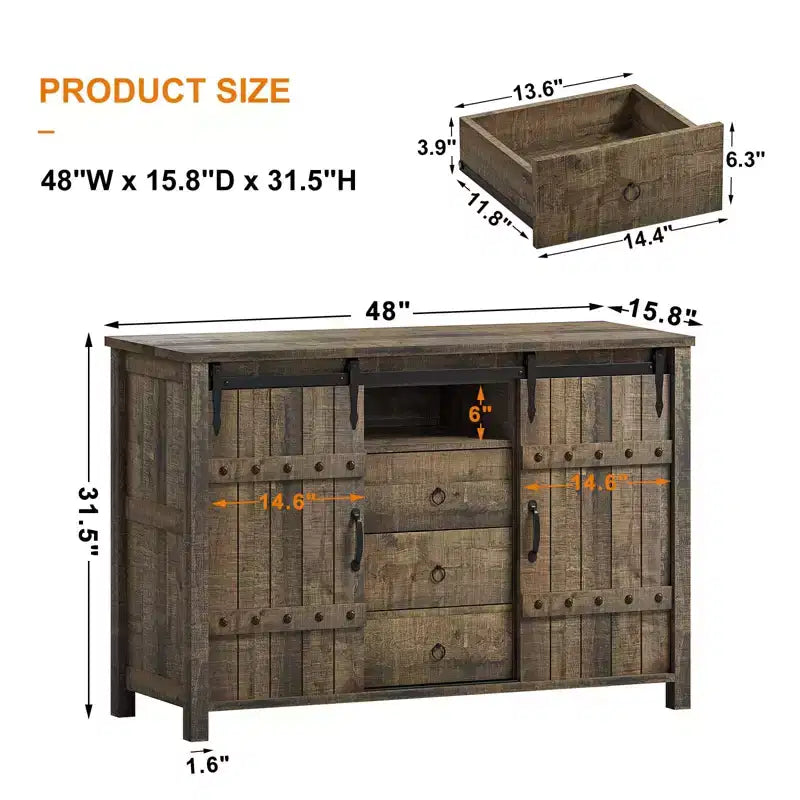 Buffet de rangement de cuisine à 3 tiroirs avec porte coulissante de style grange