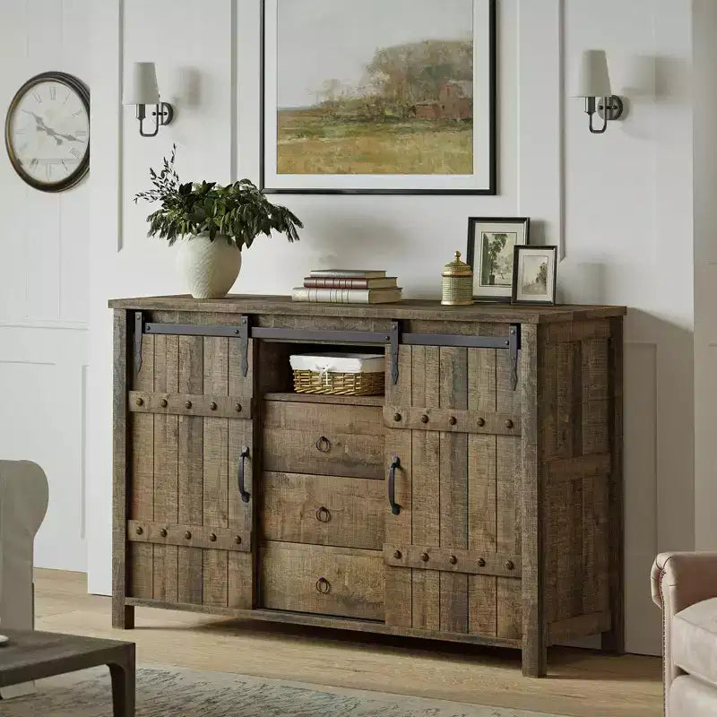 3-Drawer Kitchen Storage Cabinet Sideboard Buffet Cupboard with Sliding Barn Door