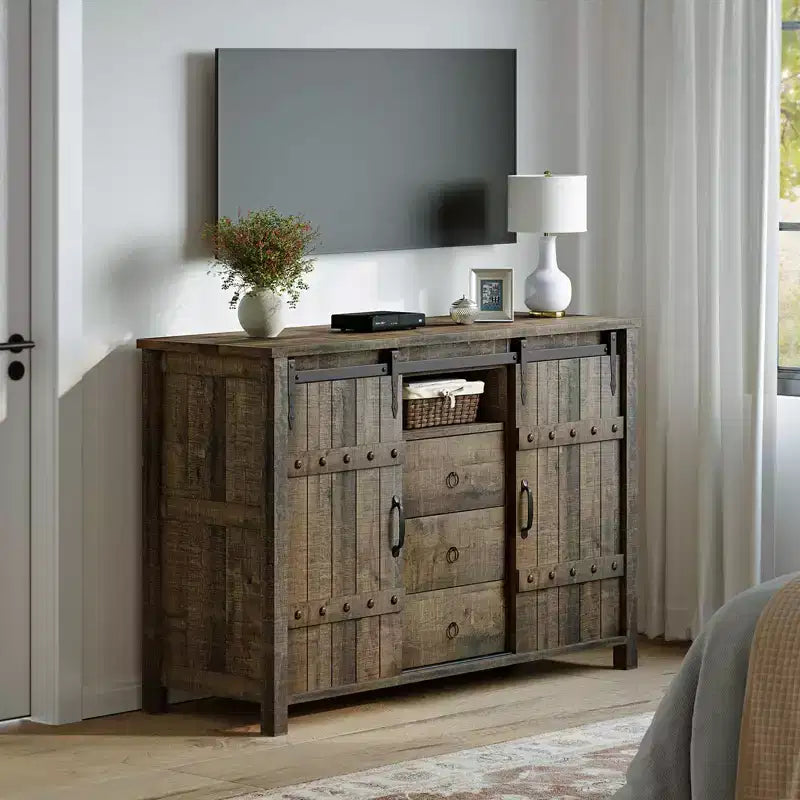 Buffet de rangement de cuisine à 3 tiroirs avec porte coulissante de style grange