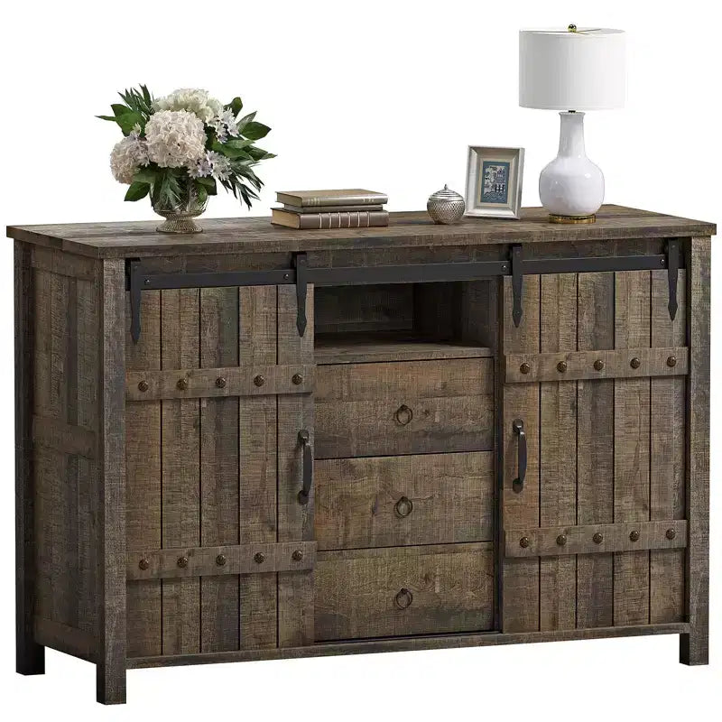 Buffet de rangement de cuisine à 3 tiroirs avec porte coulissante de style grange