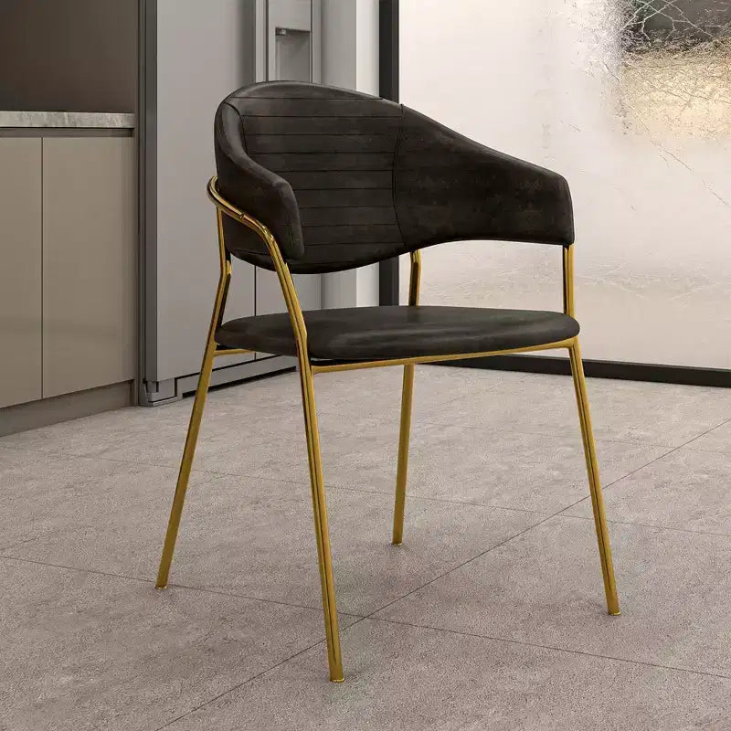 Dining Chair Upholstered in Leather & Velvet, Ergonomic Padded Seat & Back, Stainless Steel Base Accent Armchair