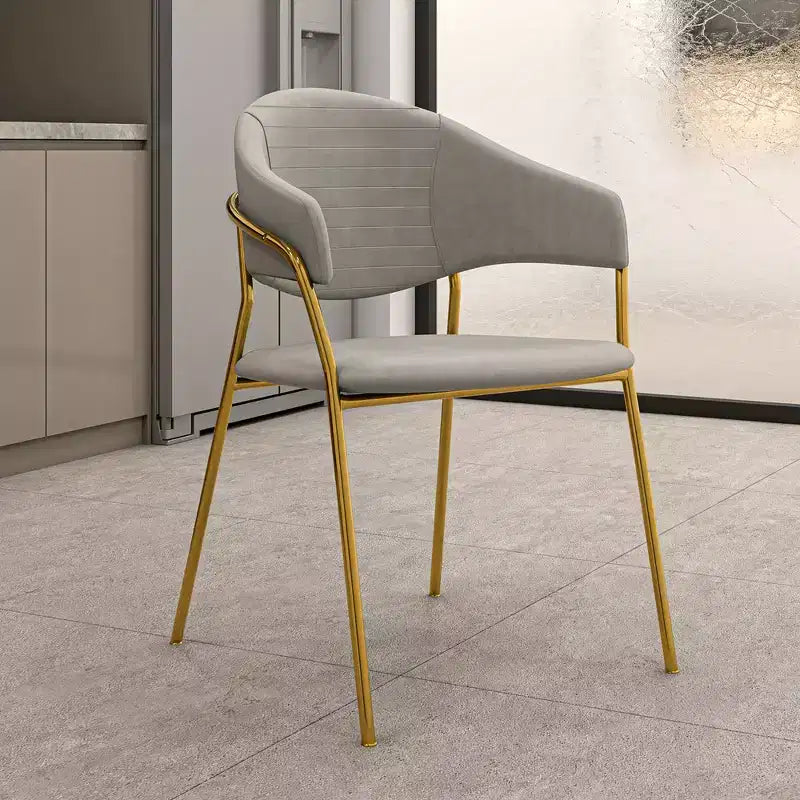 Dining Chair Upholstered in Leather & Velvet, Ergonomic Padded Seat & Back, Stainless Steel Base Accent Armchair