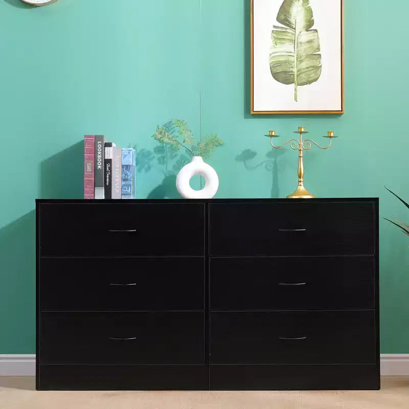 Commode de chambre à 6 tiroirs, large, moderne, cadre en acier, rangement en MDF, noir