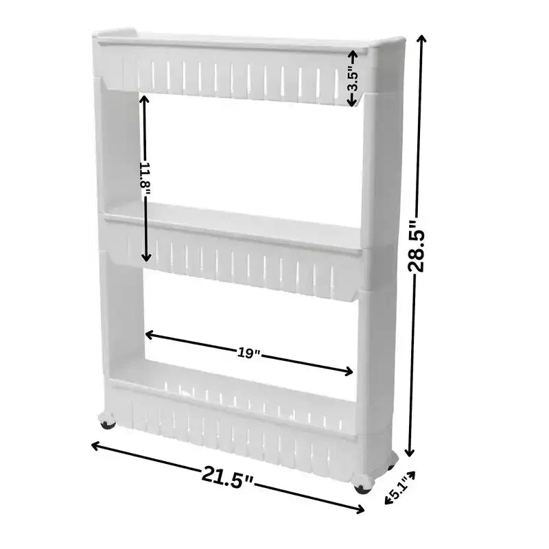 Chariot de rangement fin à roulettes à 3 niveaux, polypropylène, disponible en blanc, gris, noir