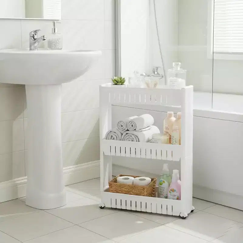 Chariot de rangement fin à roulettes à 3 niveaux, polypropylène, disponible en blanc, gris, noir