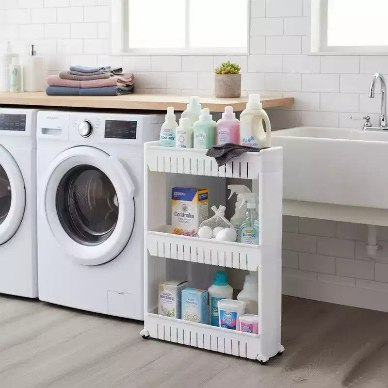Chariot de rangement fin à roulettes à 3 niveaux, polypropylène, disponible en blanc, gris, noir
