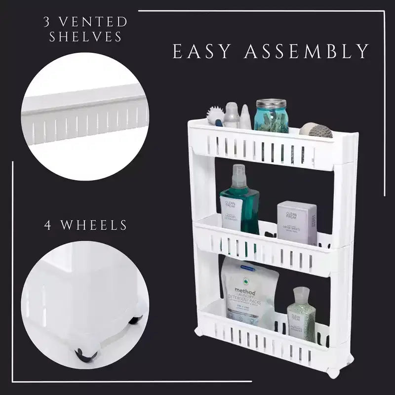 Chariot de rangement fin à roulettes à 3 niveaux, polypropylène, disponible en blanc, gris, noir