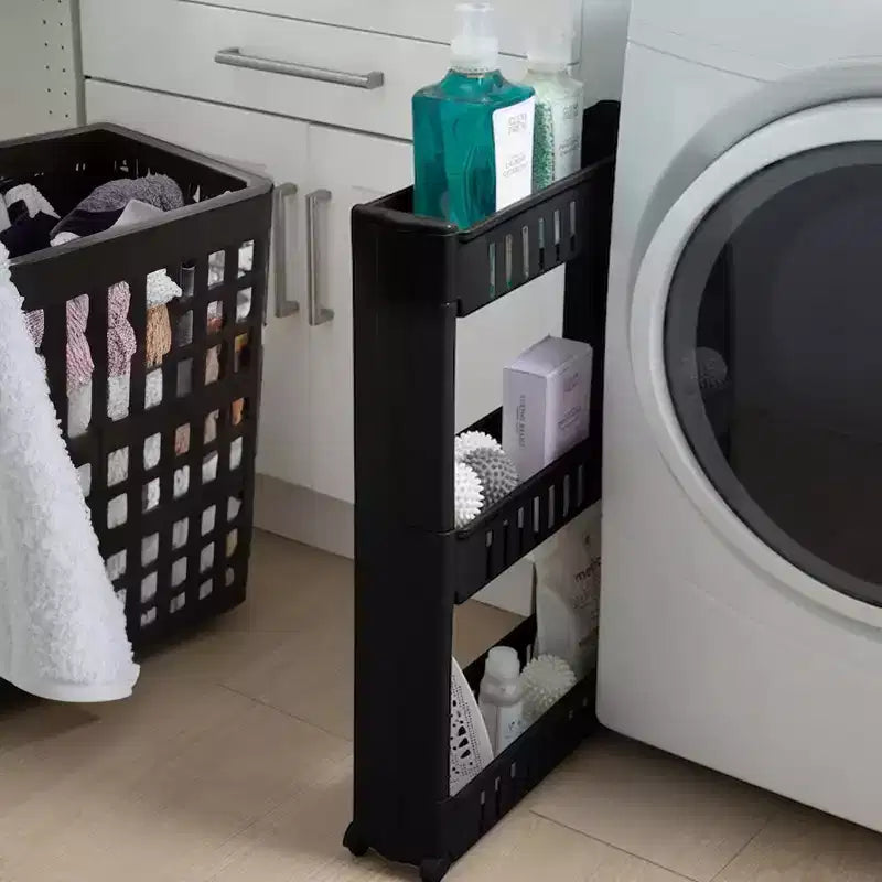 Chariot de rangement fin à roulettes à 3 niveaux, polypropylène, disponible en blanc, gris, noir