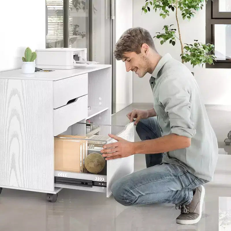 Classeur à 3 tiroirs mobile de 79,5 cm de large avec 5 roulettes verrouillables et gestion des câbles