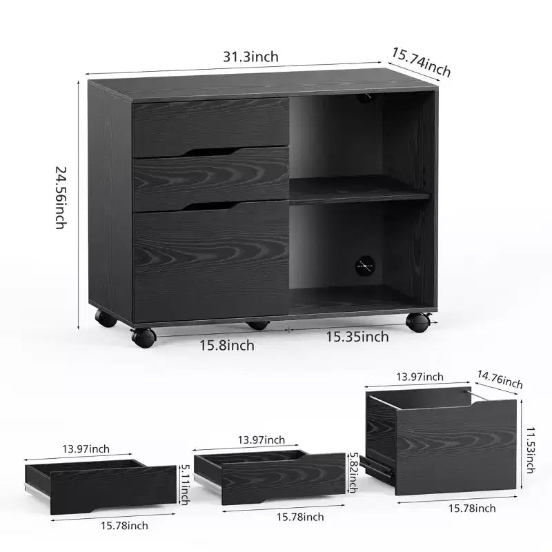 31.3" Wide 3-Drawer Mobile File Cabinet with 5 Locking Casters & Cable Management