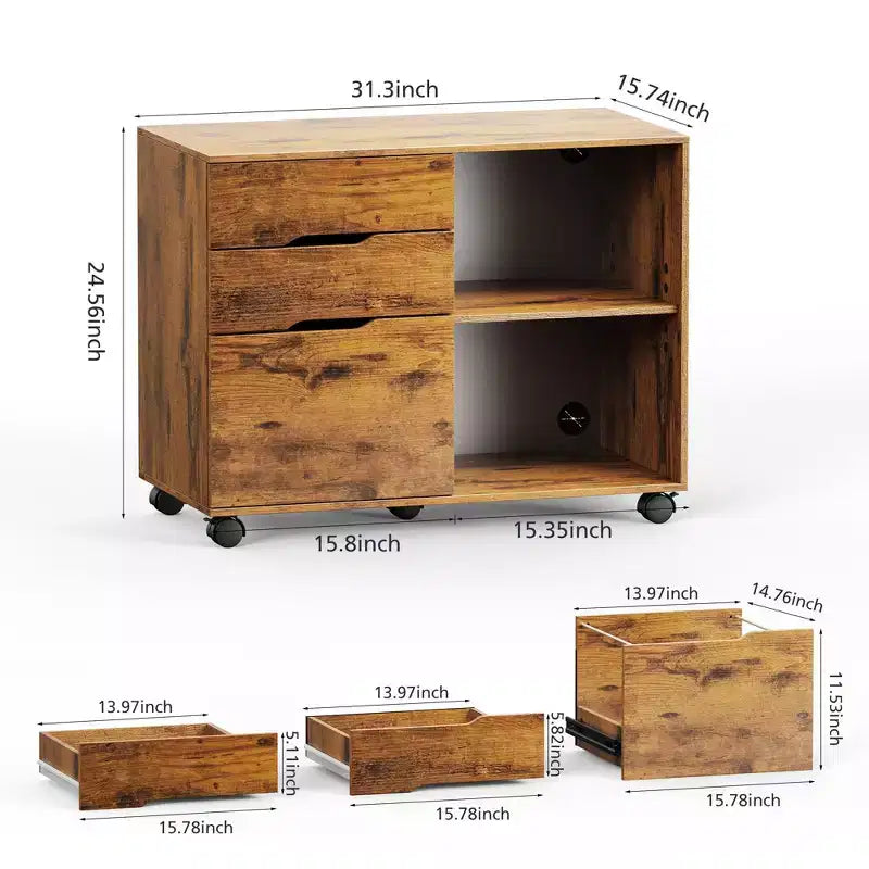 Classeur à 3 tiroirs mobile de 79,5 cm de large avec 5 roulettes verrouillables et gestion des câbles