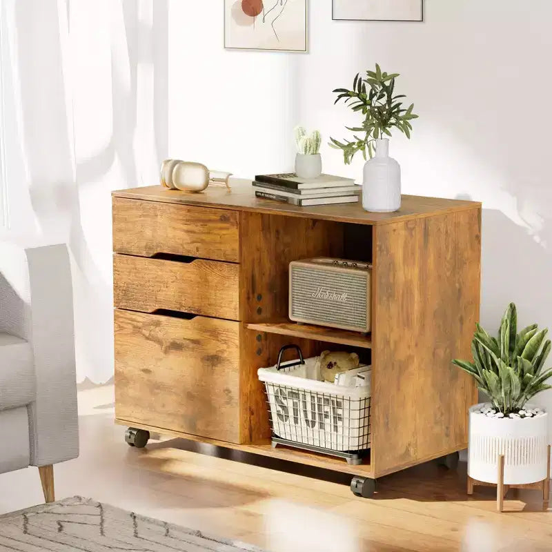 31.3" Wide 3-Drawer Mobile File Cabinet with 5 Locking Casters & Cable Management