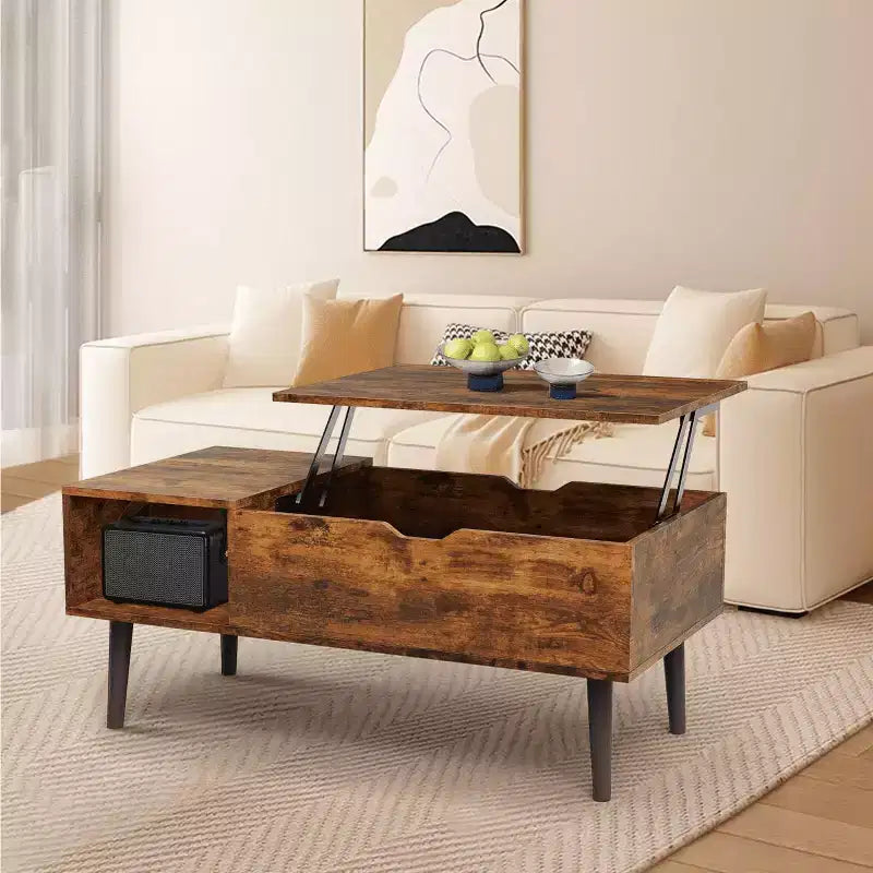 Table basse relevable avec rangement intégré, plateau en MDF et pieds en métal, Noir, 99,99 cm L