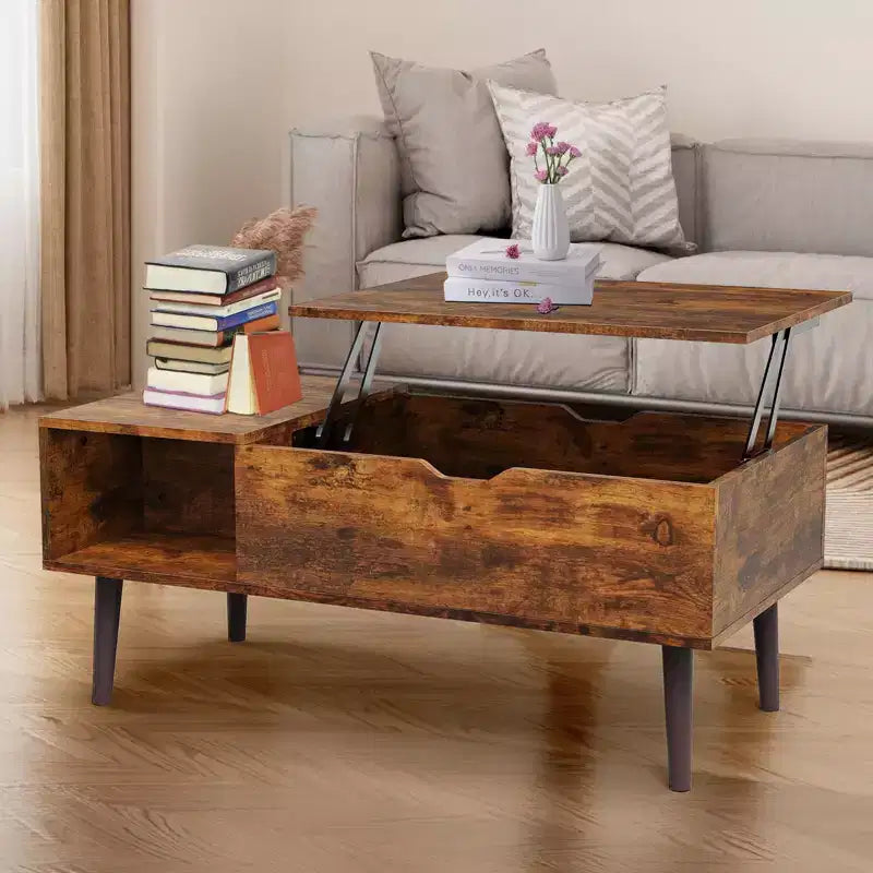 Table basse relevable avec rangement intégré, plateau en MDF et pieds en métal, Noir, 99,99 cm L